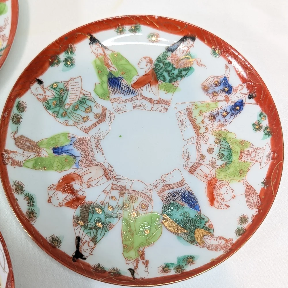 Vintage Japanese Kutani Porcelain Hand Painted Plates Set Of 7